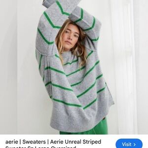 AERIE UNREAL STRIPED SWEATER Sz Large Oversized Green Grey